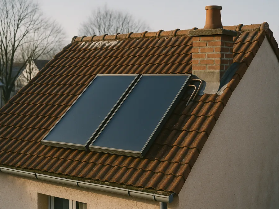 Deux capteurs solaires thermiques posés sur une toiture en tuiles de terre cuite, ciel d'hiver clair
