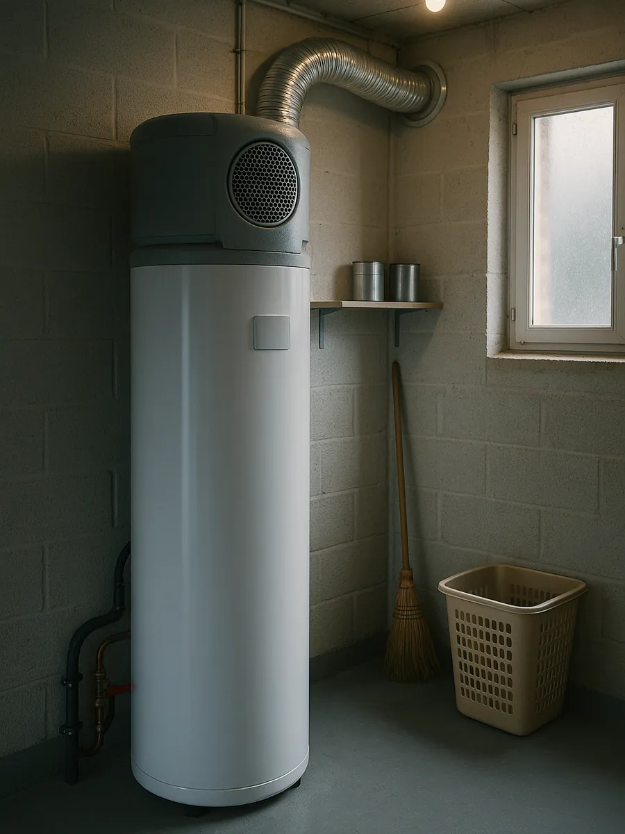 Chauffe-eau thermodynamique cylindrique blanc installé dans la buanderie d'un pavillon, gaine d'air et raccords cuivre