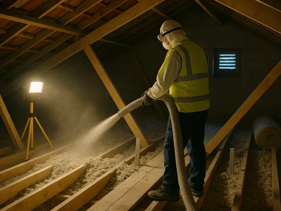 Soufflage de laine minérale dans les combles perdus d'un pavillon, technicien de dos éclairé par une lampe de chantier
