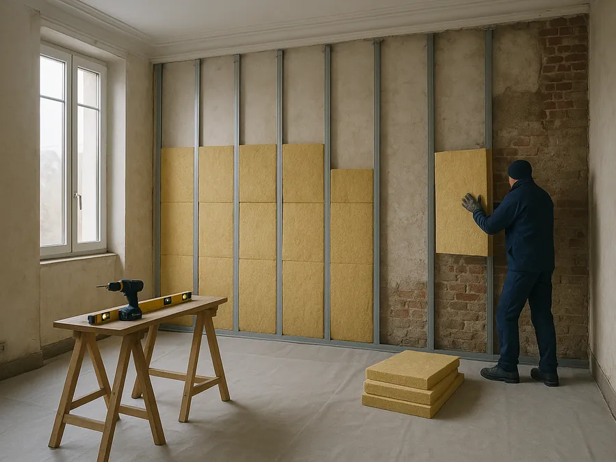 Pose de panneaux isolants entre des rails métalliques sur un mur intérieur, pièce vidée et bâchée