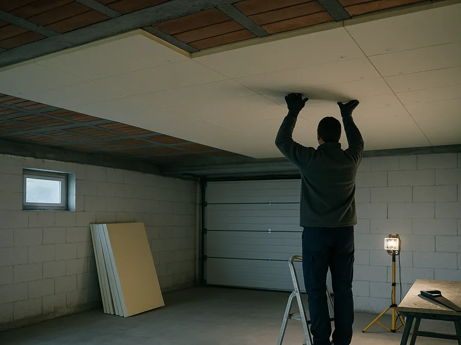 Pose de panneaux isolants sous le plafond d'un garage de pavillon, technicien ganté sur un escabeau