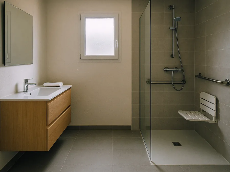 Salle de bain adaptée avec douche de plain-pied, barres d'appui et meuble vasque en chêne clair